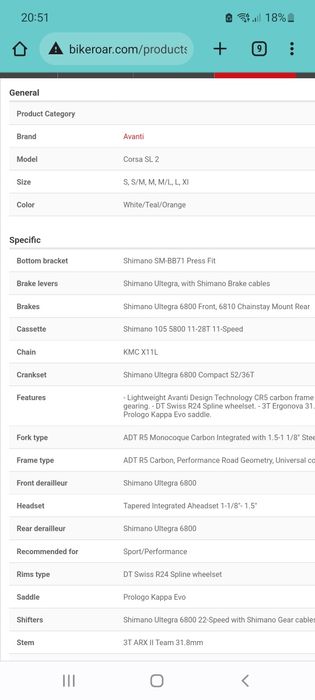 Bicicleta Avanti tam M 55 - Ultegra 2x11