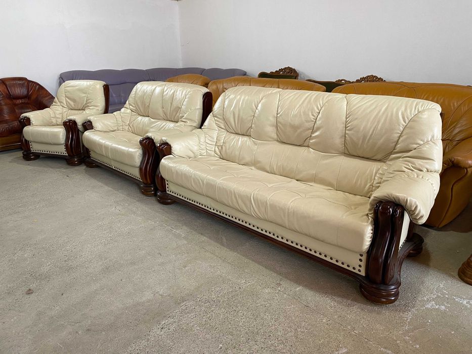 Шкіряний 3-місний диван+2-місний диван+крісло на дубовому каркасі
