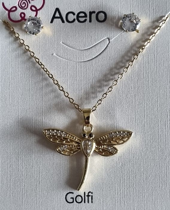 Conjunto dourado (colar e brincos), em aço, com  libelinha.