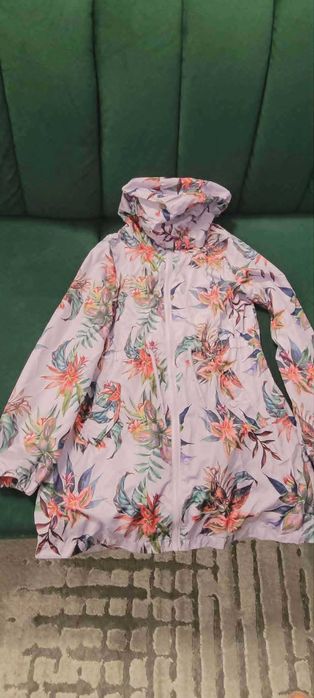Kurtka parka dziewczęca 158 w kwiaty tropikalna z kapturem lekka stan bdb