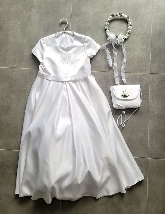 Komunia święta alba sukienka biała wianek torebka rozmiar 140