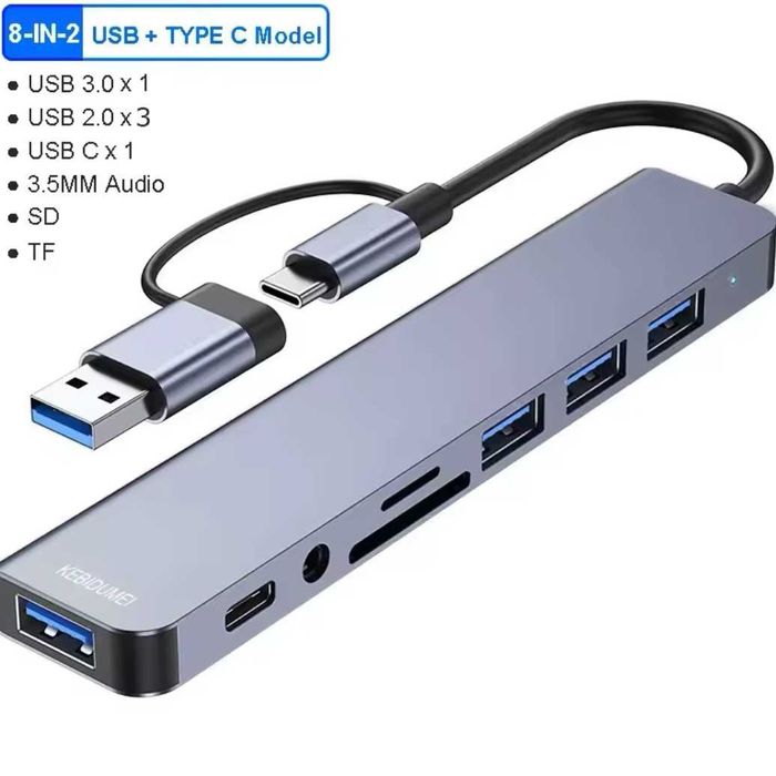 Продам хаб, док-станцию 8 в 2 (USB + type-c), Hub