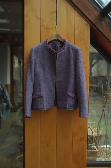 wełniany żakiet szanelka vintage wrzosowy tweedowy Pure New Wool wełna