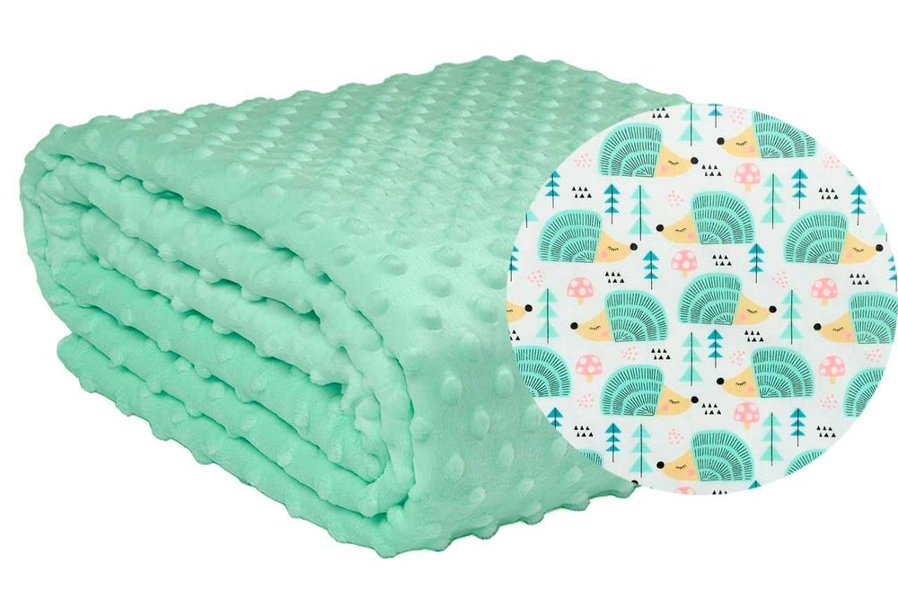 2w1 Dwustronna Narzuta Dziecięca Łóżko Koc Jeżyki Miętowy Minky 80x160
