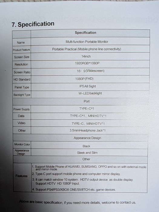 Przenośny monitor 14" full HD USB C HDMI 16:9 IPS  W-Led