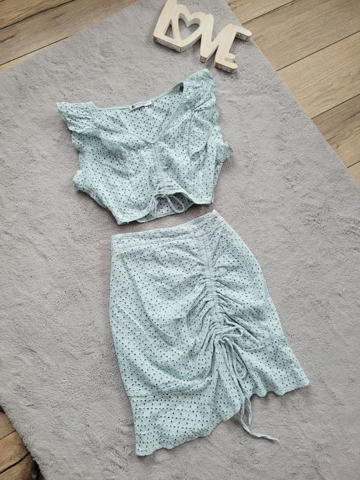 Komplet Brandenburg azurowy top I spódnica szałwia mięta