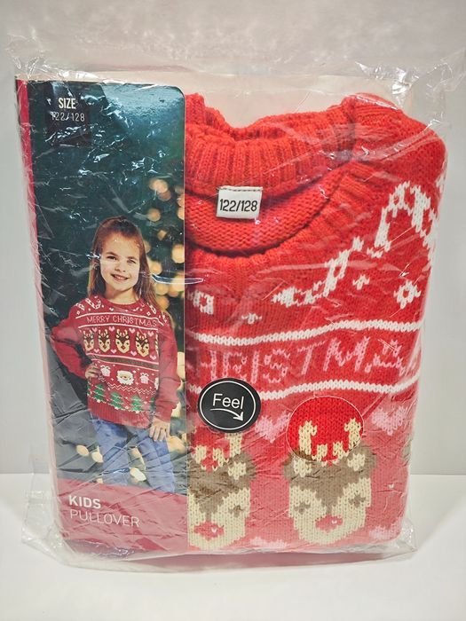 Świąteczny Sweter Dziecięcy Czerwony Renifer Mikołaj Choinka 122/128