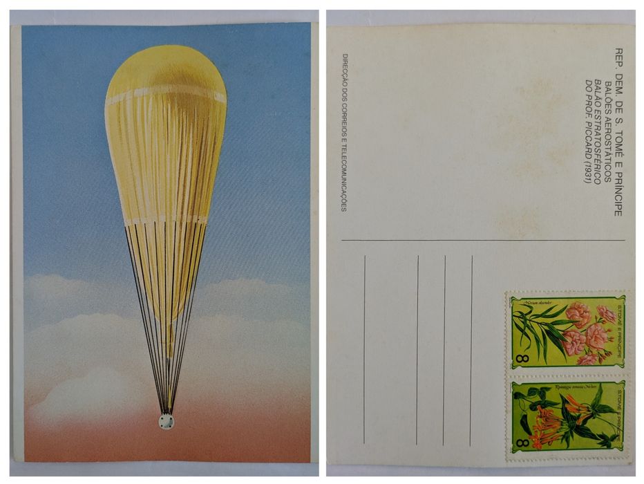 Postal de São Tomé e Príncipe comemorativo1° voo balão Auguste Piccard