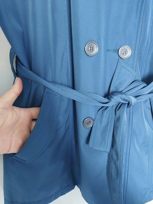 Płaszczyk damski granatowy pasek w talii odpinany kaptur płaszczyk elegancki do różnych stylizacji