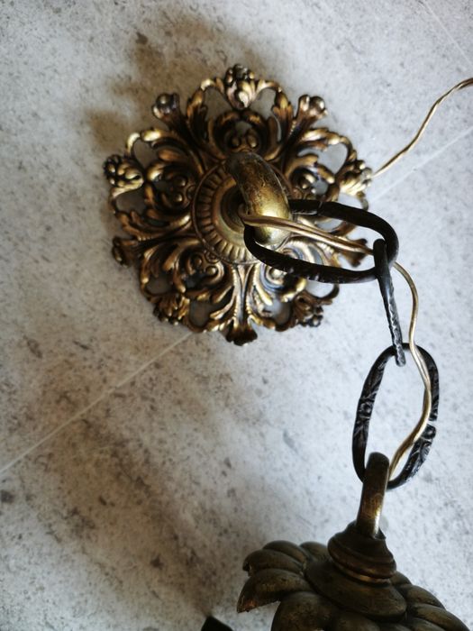 Candeeiro Suspensão Antigo / Lanterna de Hall em Bronze e Cristal