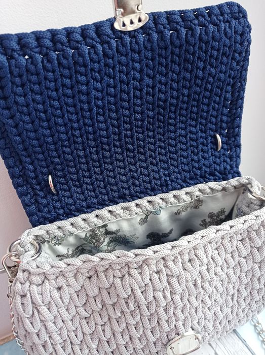 Piękna torebka szaro granatowa ze sznurka handmade