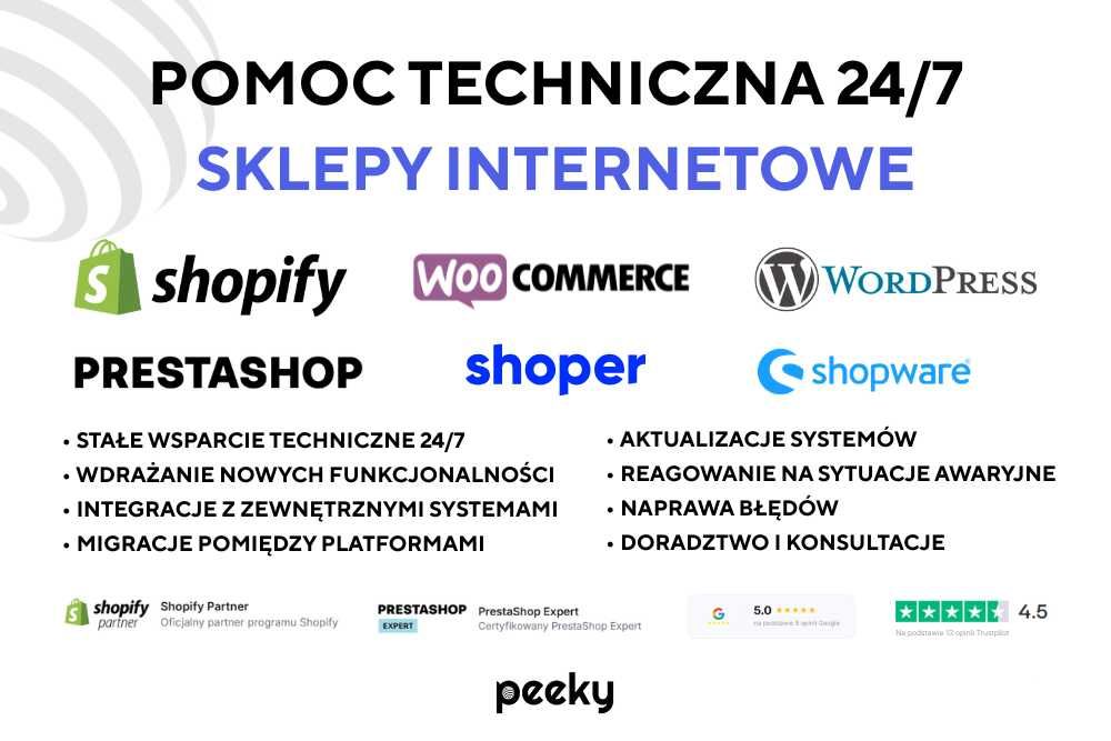 Pomoc techniczna 24/7 | Prestashop Wordpress Shopify WooCommerce Shoper | Wdrożenia - Aktualizacja - Migracja - Naprawa błędów