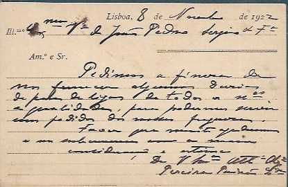 Bilhete Postal Particular Antigo - 1922 - PEREIRA PAIXÃO, lda. - LISBOA