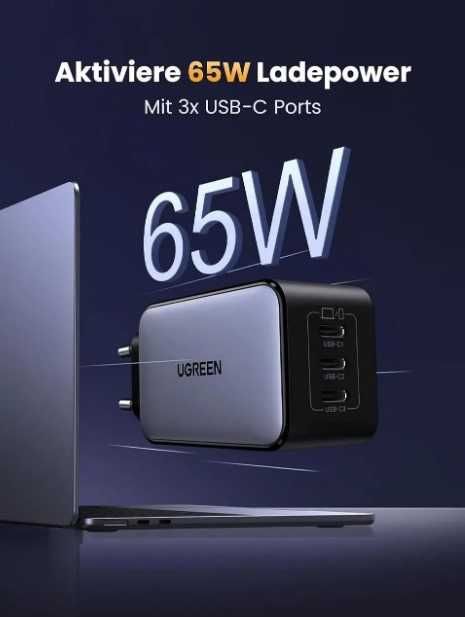 Мережевий зарядний пристрій UGREEN Nexode USB-C Charger 65 W GaN Power Supply Gray (X556) для ноутбука, смартфона и т.д.