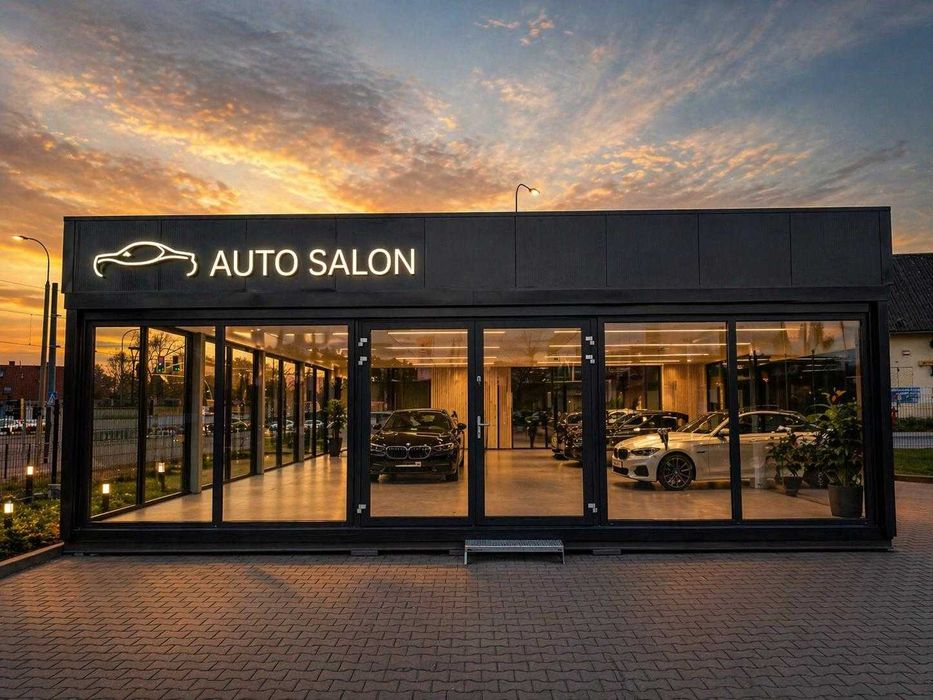 kontener pawilon komis salon samochodowy przeszklony garaż