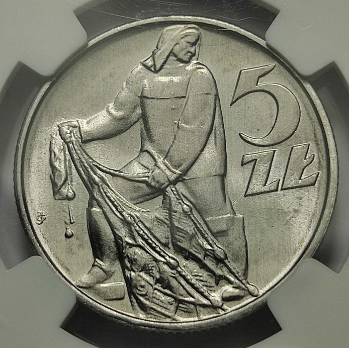 5 zł 1974, NGC MS66, Rybak z trawką, destrukt