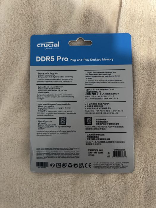 Memória RAM DDR5 Crucial Pro 32GB (2x16GB) 6000MT/s CL48 – Nova