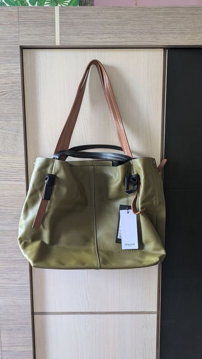 Zielona oliwkowa skórzana duża torba torebka shopper Deni Cler