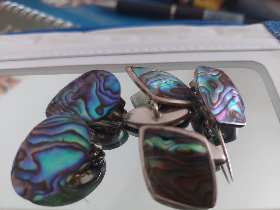 Komplet biżuterii Vintage z muszlą ABALONE PAUA | Spinki Broszka Klipsy G.SIL