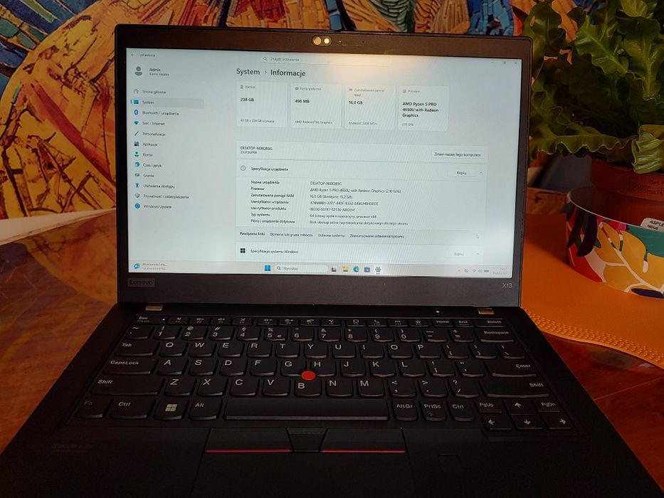 Lenovo ThinkPad X13 Ryzen 5Pro 4650U/ 6 rdzeni 12 wątków/16 GB RAM/FHD/ 90% batterii
