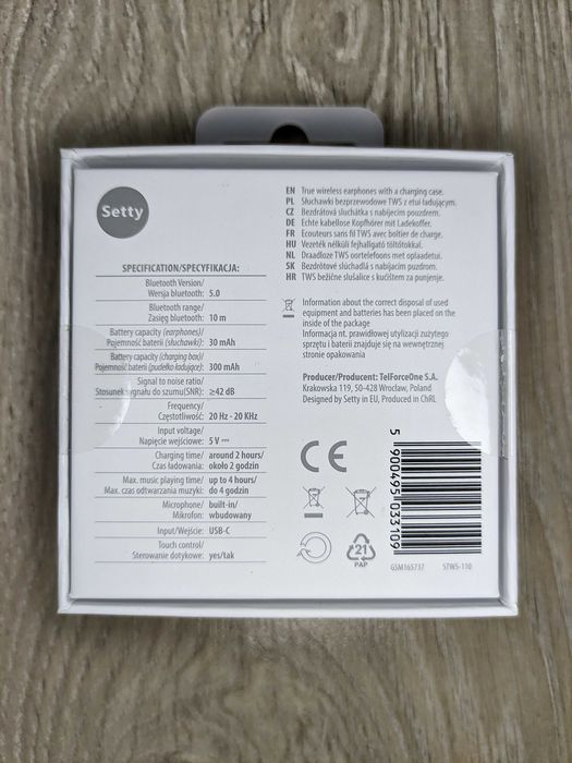 NOWE Słuchawki Bluetooth Setty STWS-110 | Etui Ładujące, Bezprzewodowe