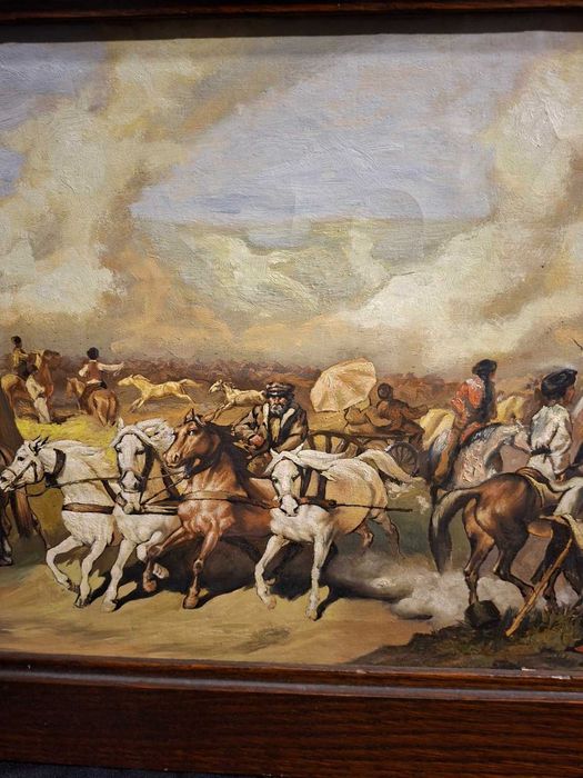 Obraz olejny na płótnie – jarmark koński, konie – drewniana rama 65×43 cm
