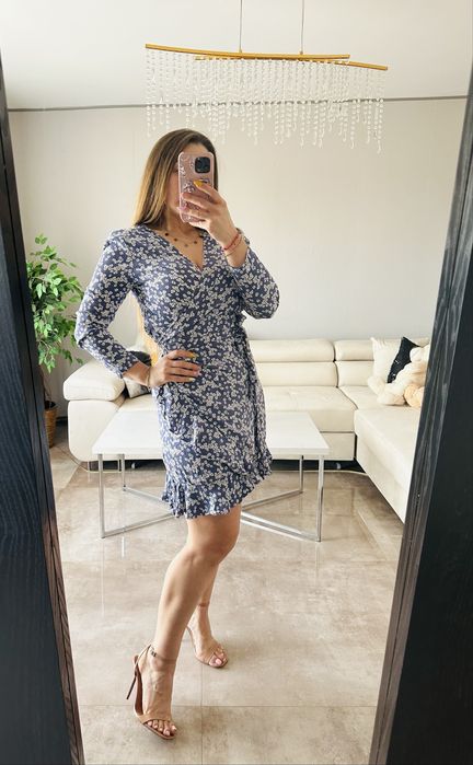 Kopertowa midi sukienka w kwiaty, falbanka, wiskoza, S, M, L