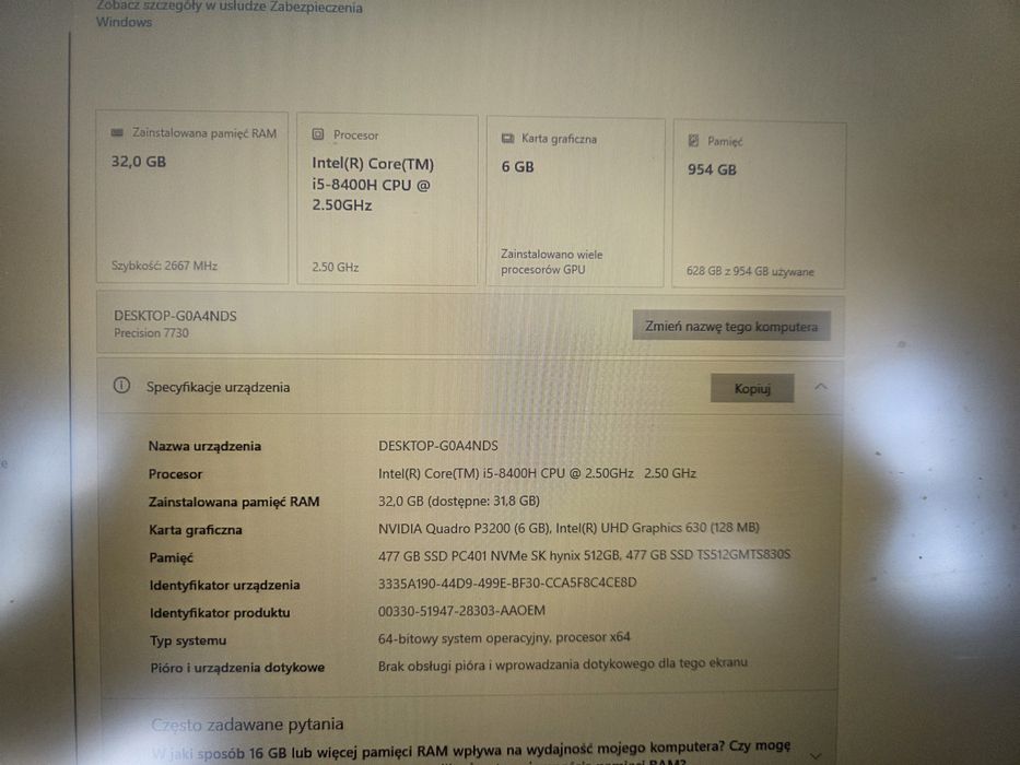 Dell Precision 7730 17 cali, i5 8400H, 32 GB RAM, NVIDIA Quadro P3200