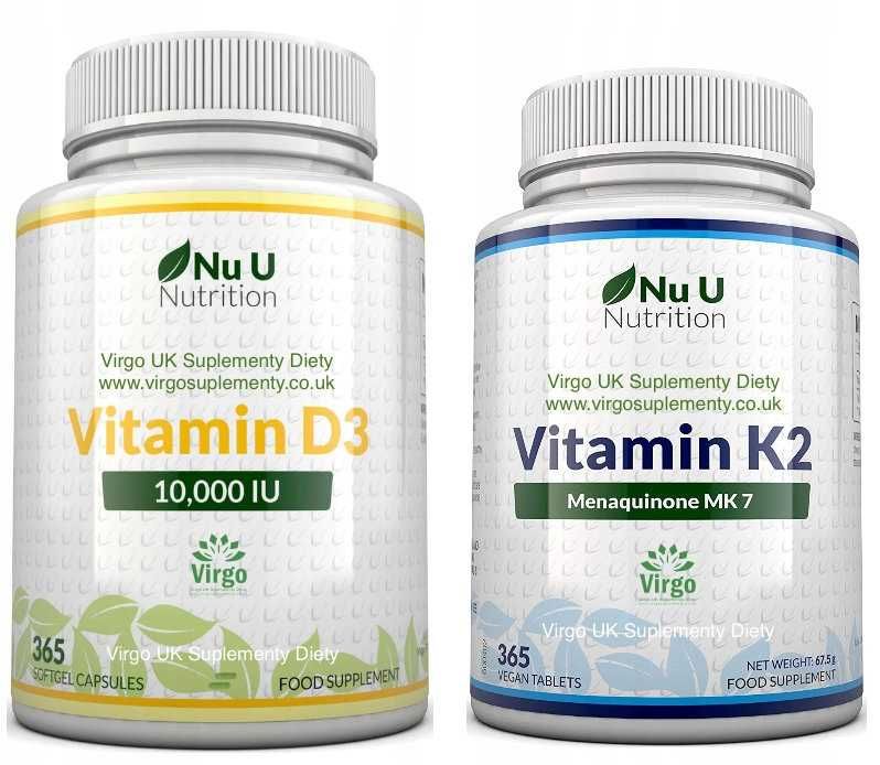 Zestaw Oryginalna Nu U Witamina D3 10,000 IU 365 kapsułek żelowych+Nu U Witamina K2 MK7 200 mcg 365 tabletek Zapas na Rok od Virgo UK Suplementy Diety