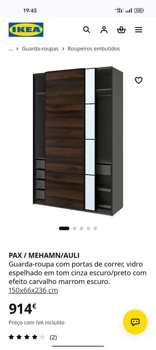Roupeiro IKEA PAX 150x236 cm – Portas de Correr Espelho + Vidro Fosco (Semi-Novo)
