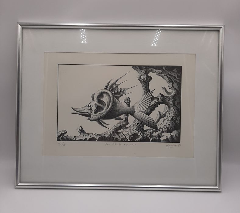 Obraz litografia Hans Joachim Zeidler ryba z uchem surrealizm 1973
