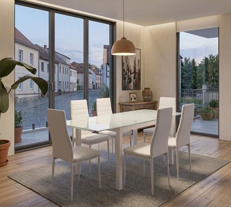 Mesa vidro extensível + 6 cadeiras