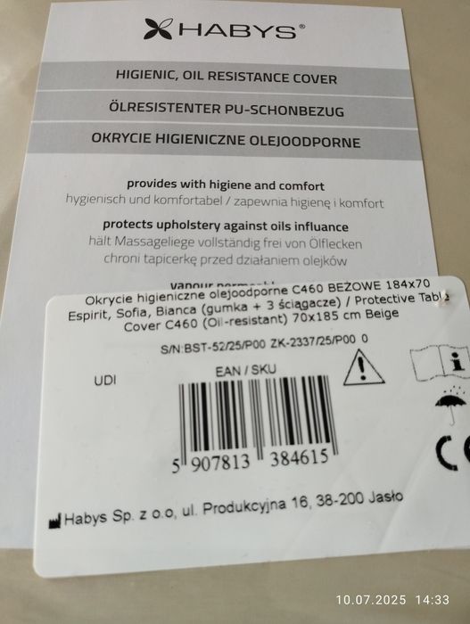 Okrycia higieniczne Habys olejoodporne