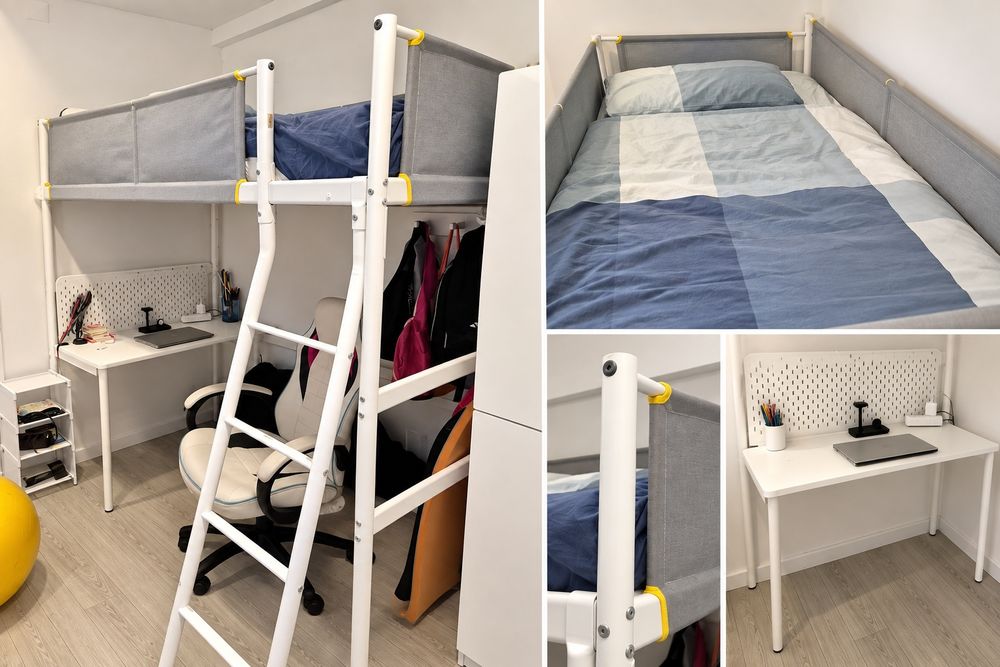 Cama alta IKEA VITVAL 90x200 + secretária – conjunto completo
