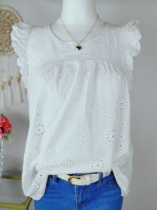 Biała ażurowa bluzka damska z krótkim rękawem w rozmiarze L 40