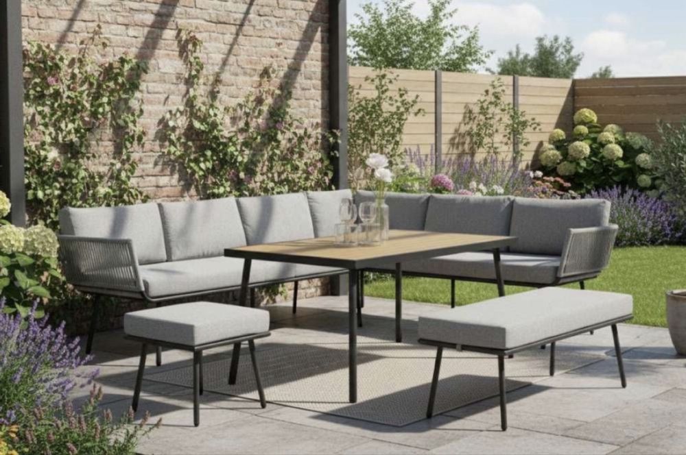 Nowe meble ogrodowe stół jadalniany narożnik i pufy