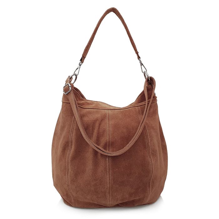 VERA PELLE torebka damska zamszowa worek z paskiem V469 brązowa