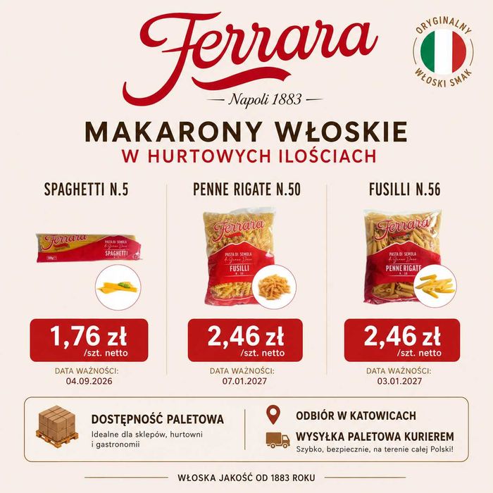 Włoskie makarony Ferrara - sprzedaż hurtowa spaghetti penne rigate świderki