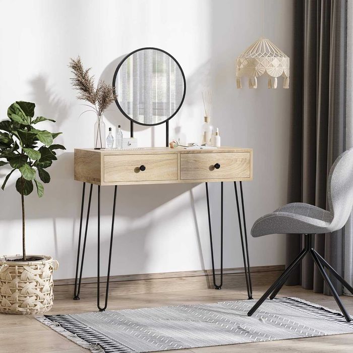 Oak-style vanity table with mirror, two drawers, and steel legs