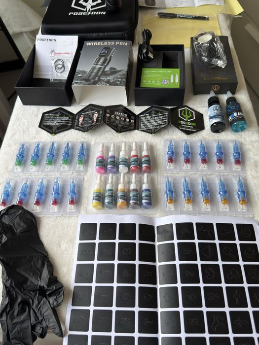 Kit Tatuagem Profissional COMPLETO | Máquina Pen Sem fios, Pele Treino, Instruções, Stroke Regulável