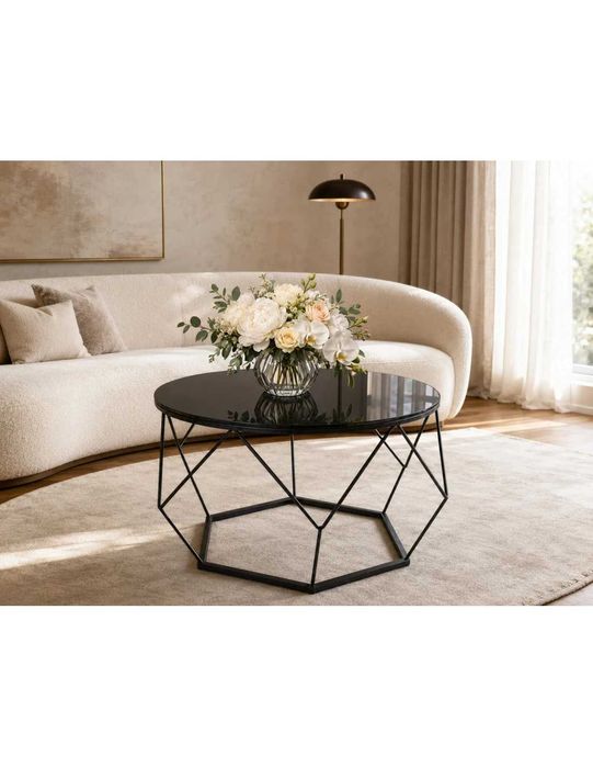 Stolik loftowy okrągły czarny blat hartowany szklany Diamanto 80x80x55 cm