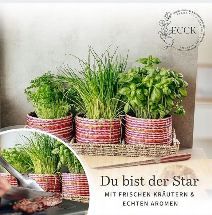 Doniczka na Zioła Kwiaty Trawa Morska zestaw 3 szt + podstawka 51x16x1