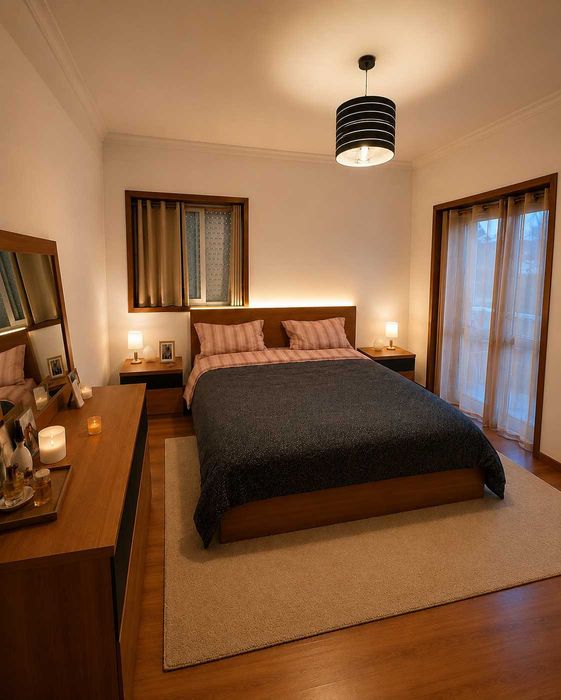 Quarto de casal completo em madeira – Cama + Colchão + Mesas de cabeceira + Cómoda