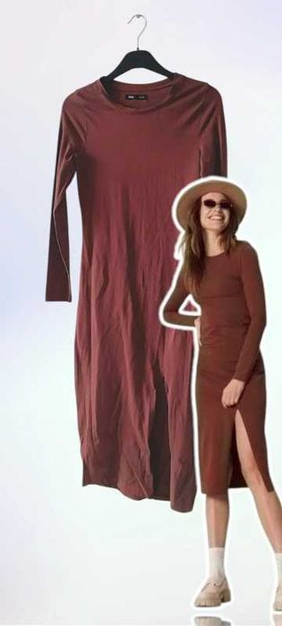 Sukienka must have midi basic simple szafa kopułowa długi rękaw okrągły dekolt rozcięcie slim dopasowana wygodna casual elegancka jesień bawełniana