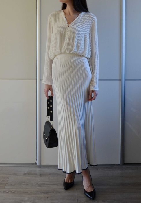 Reserved długa biała dzianinowa plisowana spódnica old money 36 S