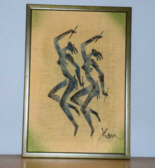 Quadro africano (Angola) pintado a tinta de areia – Par de Dançarinas – 1997