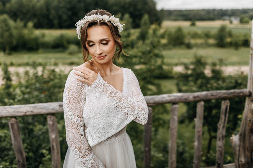 Suknia ślubna boho koronkowa długi rękaw ivory 36 S