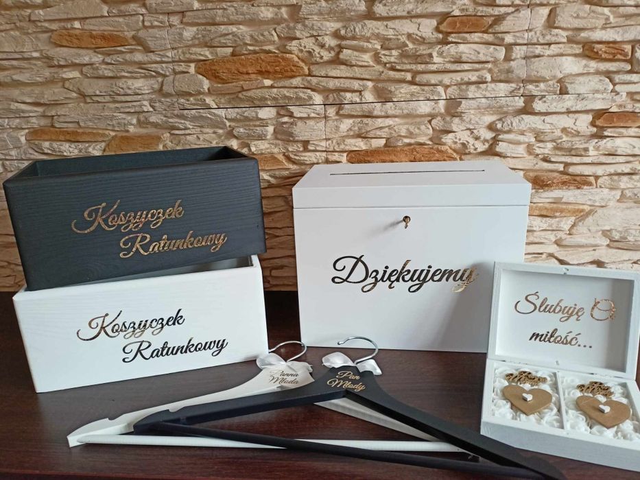 Pudełka na koperty i obrączki, koszyczki ratunkowe, wieszaki