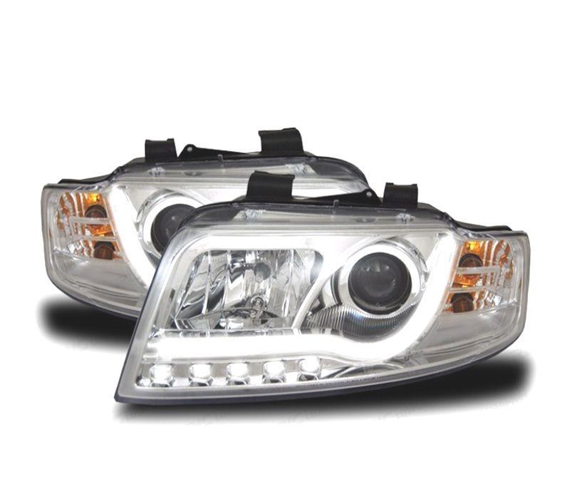 FARÓIS COM LUZ DIURNA LED TFL AUDI A4 B6 00-04 FUNDO CROMADO