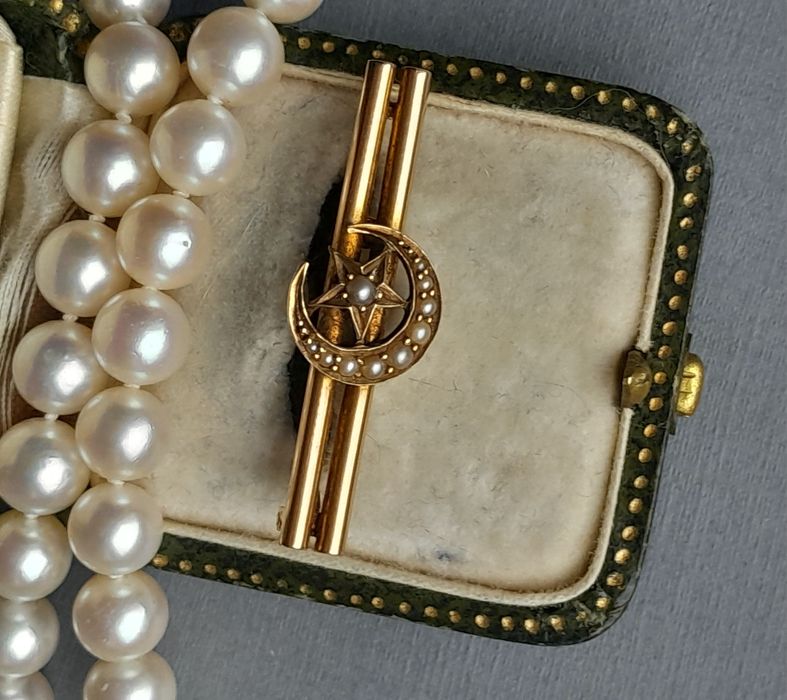 XIXw. Broszka Perły głębinowe Złoto 15k Gwiazda Księżyc Certyfikat